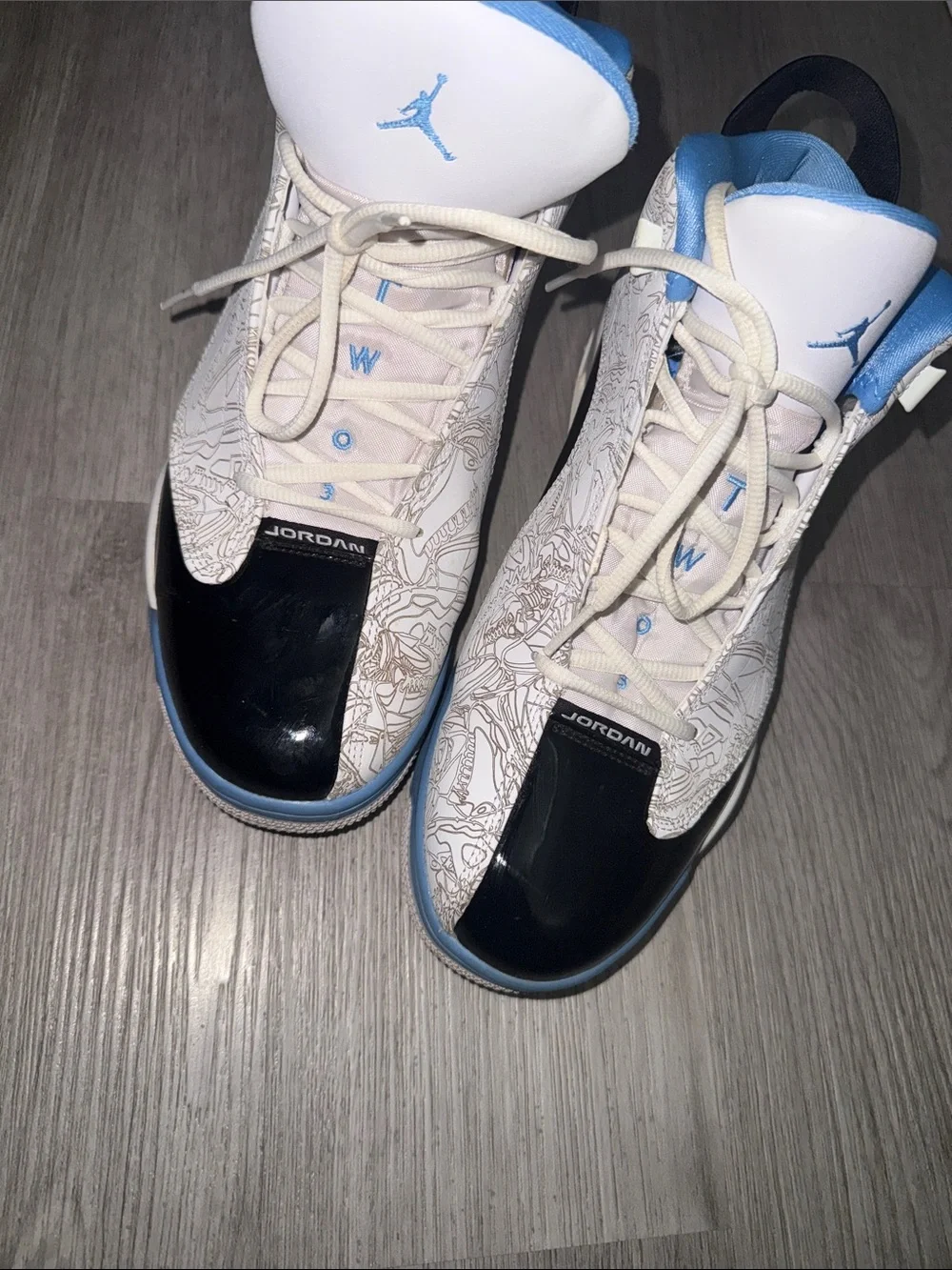 Air Jordan Dub Zero High-Top Sneakers in White, Light Blue & Black